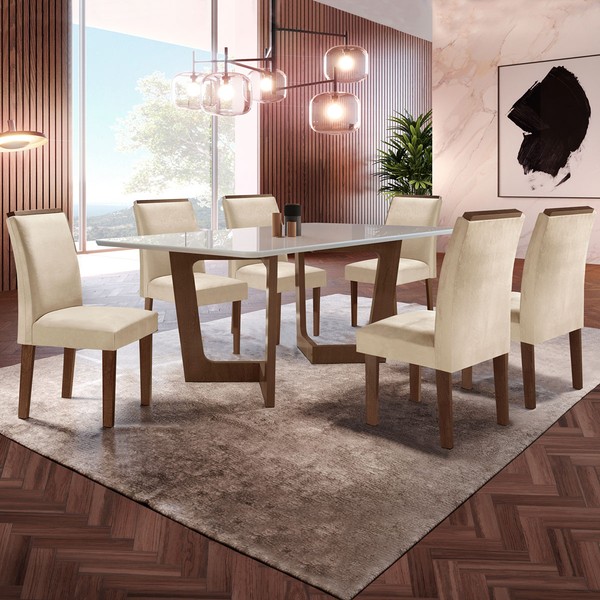 Mesa de Jantar 6 Lugares Nápoles/Luísa com Vidro Chocolate/Off White/Bege - Cel Móveis