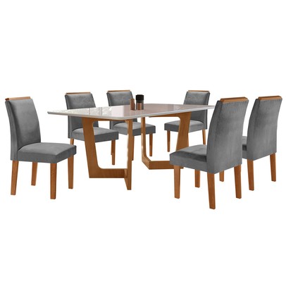 Mesa de Jantar 6 Lugares Nápoles/Luísa com Vidro Cinamomo/Off White/Cinza - Cel Móveis