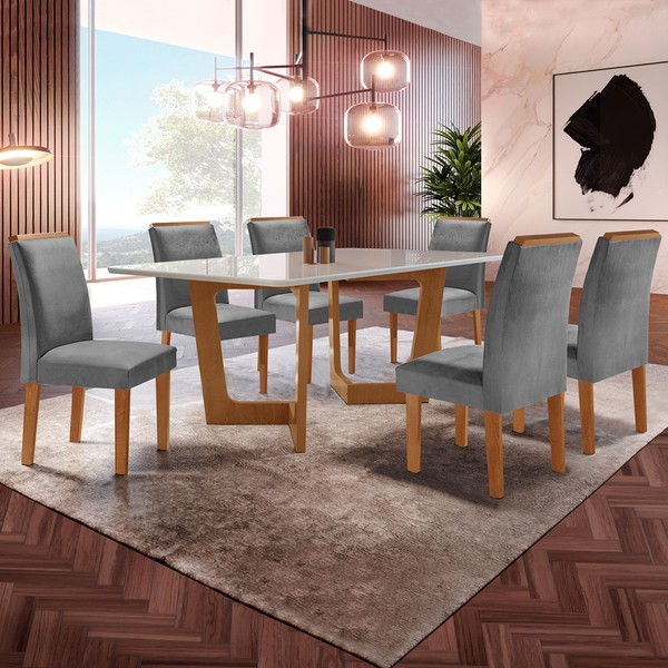 Mesa de Jantar 6 Lugares Nápoles/Luísa com Vidro Cinamomo/Off White/Cinza - Cel Móveis