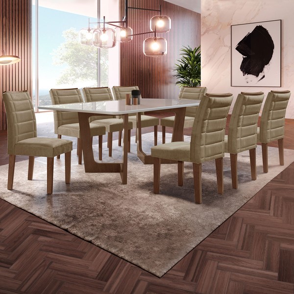 Mesa de Jantar 8 Lugares Nápoles/Genova com Vidro Chocolate/Off White/Marrom Claro - Cel Móveis