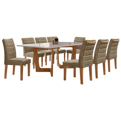 Mesa de Jantar 8 Lugares Nápoles/Genova com Vidro Cinamomo/Off White/Marrom Claro - Cel Móveis
