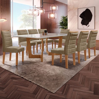 Mesa de Jantar 8 Lugares Nápoles/Genova com Vidro Cinamomo/Off White/Marrom Claro - Cel Móveis