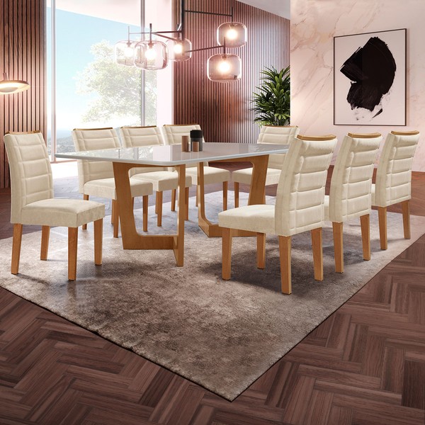Mesa de Jantar 8 Lugares Nápoles/Genova com Vidro Cinamomo/Off White/Bege - Cel Móveis