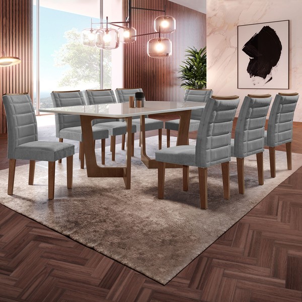 Mesa de Jantar 8 Lugares Nápoles/Genova com Vidro Chocolate/Off White/Cinza - Cel Móveis