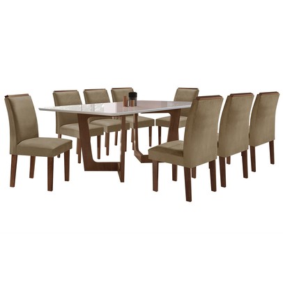 Mesa de Jantar 8 Lugares Nápoles/Luísa com Vidro Chocolate/Off White/Marrom Claro - Cel Móveis