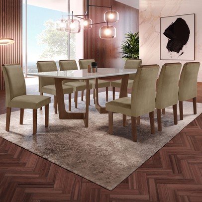 Mesa de Jantar 8 Lugares Nápoles/Luísa com Vidro Chocolate/Off White/Marrom Claro - Cel Móveis