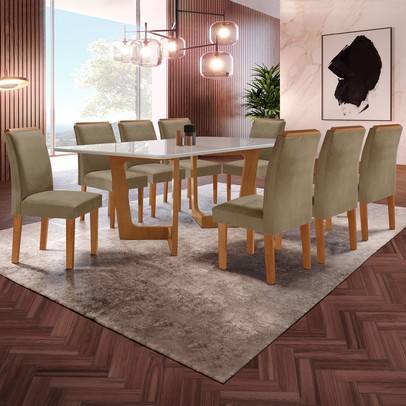 Mesa de Jantar 8 Lugares Nápoles/Luísa com Vidro Cinamomo/Off White/Marrom Claro - Cel Móveis