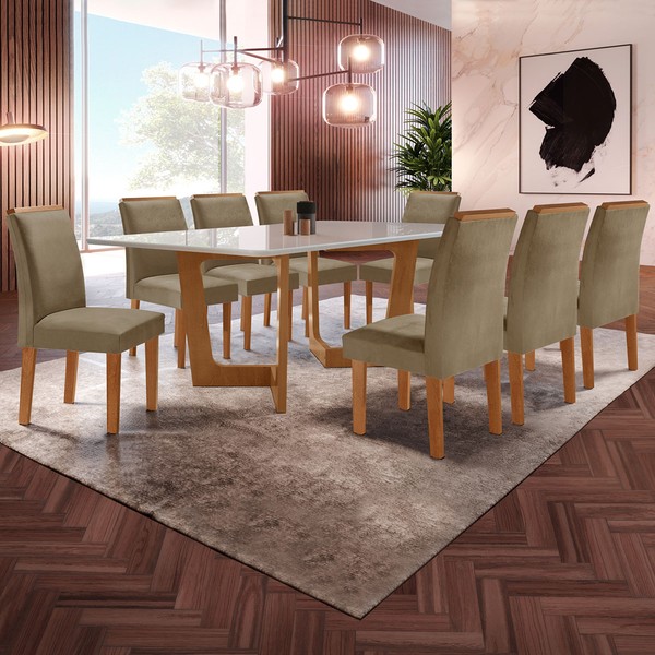 Mesa de Jantar 8 Lugares Nápoles/Luísa com Vidro Cinamomo/Off White/Marrom Claro - Cel Móveis