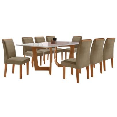 Mesa de Jantar 8 Lugares Nápoles/Luísa com Vidro Cinamomo/Off White/Marrom Claro - Cel Móveis