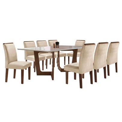 Mesa de Jantar 8 Lugares Nápoles/Luísa com Vidro Chocolate/Off White/Bege - Cel Móveis