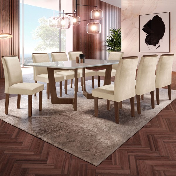 Mesa de Jantar 8 Lugares Nápoles/Luísa com Vidro Chocolate/Off White/Bege - Cel Móveis