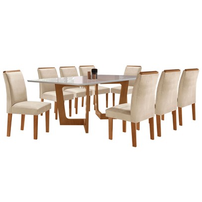 Mesa de Jantar 8 Lugares Nápoles/Luísa com Vidro Cinamomo/Off White/Bege - Cel Móveis