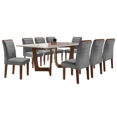 Mesa de Jantar 8 Lugares Nápoles/Luísa com Vidro Chocolate/Off White/Cinza - Cel Móveis