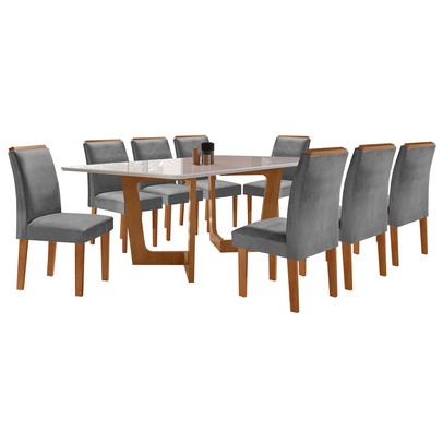 Mesa de Jantar 8 Lugares Nápoles/Luísa com Vidro Cinamomo/Off White/Cinza - Cel Móveis