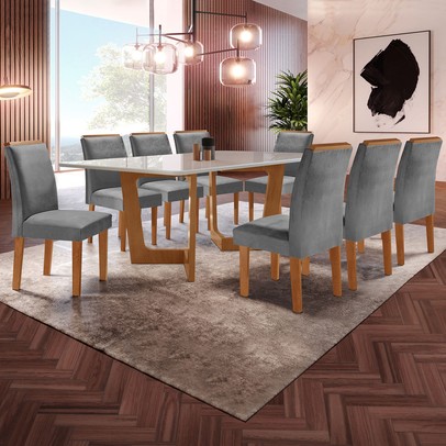Mesa de Jantar 8 Lugares Nápoles/Luísa com Vidro Cinamomo/Off White/Cinza - Cel Móveis