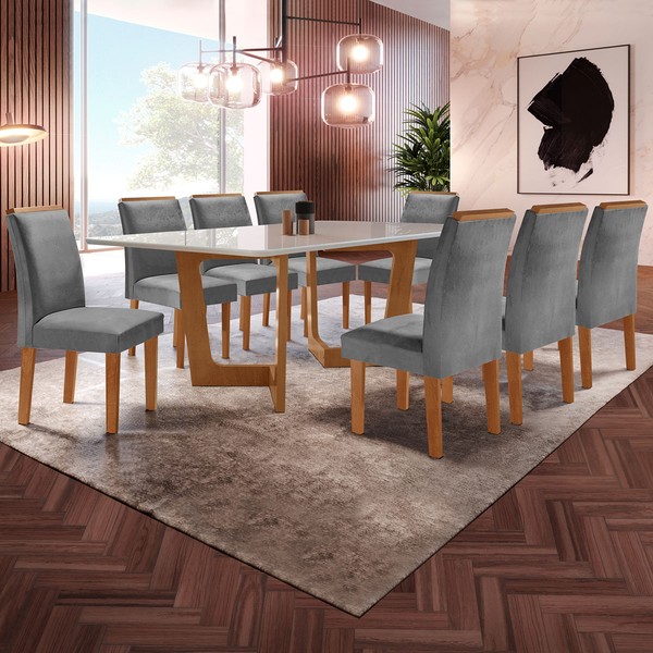 Mesa de Jantar 8 Lugares Nápoles/Luísa com Vidro Cinamomo/Off White/Cinza - Cel Móveis