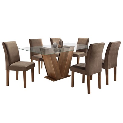 Mesa de Jantar 6 Lugares Classic com Vidro Chocolate/Animale Marrom - Cel Móveis