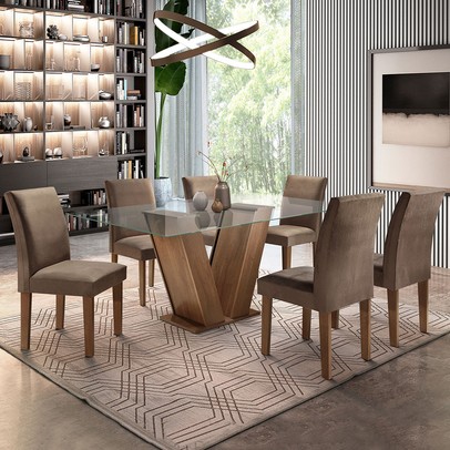 Mesa de Jantar 6 Lugares Classic com Vidro Chocolate/Animale Marrom - Cel Móveis