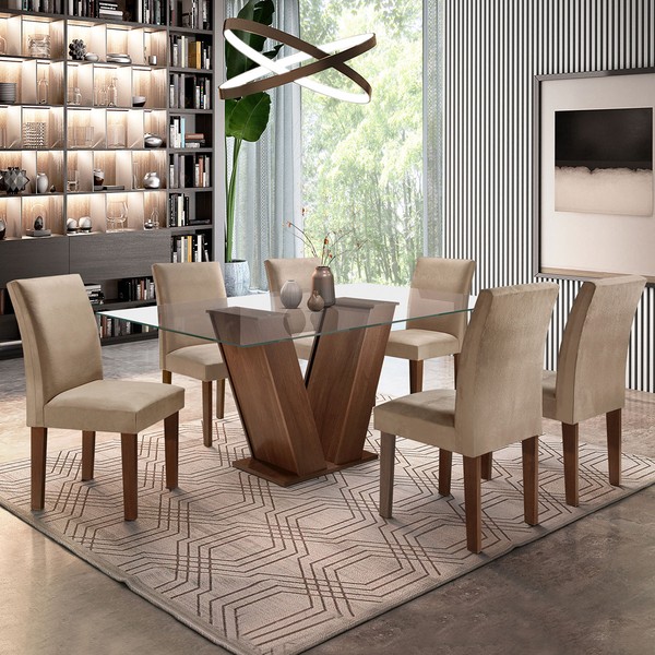 Mesa de Jantar 6 Lugares Classic com Vidro Chocolate/Pena - Cel Móveis