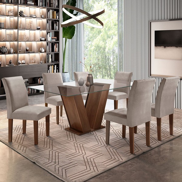 Mesa de Jantar 6 Lugares Classic com Vidro Chocolate/Linho Cinza - Cel Móveis