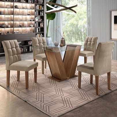 Mesa de Jantar 4 Lugares Classic/Vitória com Vidro Chocolate/Pena - Cel Móveis