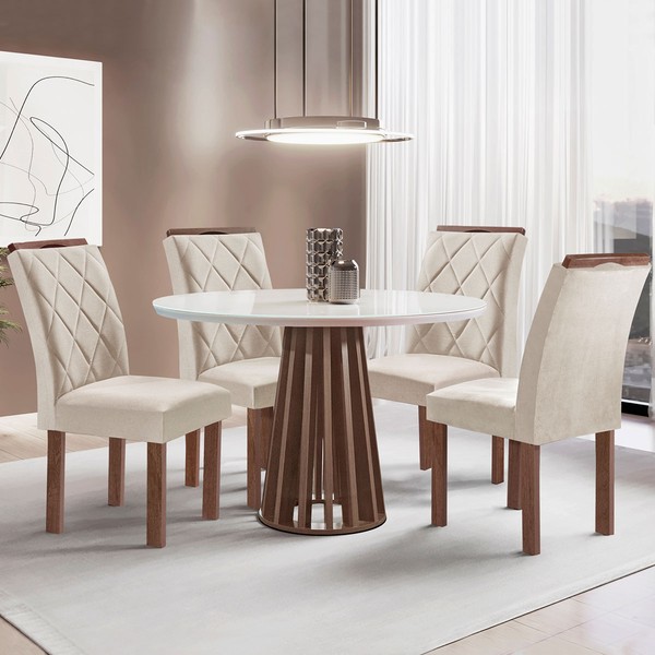 Mesa de Jantar 4 Lugares Kansas/Arthus com Vidro Chocolate/Off White/Suede Bege 17991 - Cel Móveis