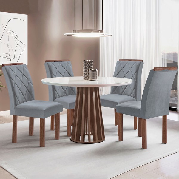 Mesa de Jantar 4 Lugares Kansas/Arthus com Vidro Chocolate/Off White/Suede Cinza 17991 - Cel Móveis