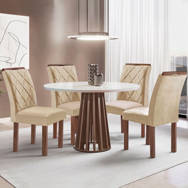 Mesa de Jantar 4 Lugares Kansas/Arthus com Vidro Chocolate/Off White/Suede Cru 17991 - Cel Móveis