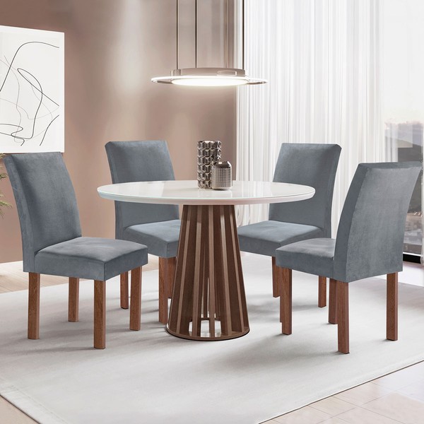Mesa de Jantar 4 Lugares Kansas/Canela com Vidro Chocolate/Off White/Suede Cinza 17992 - Cel Móveis