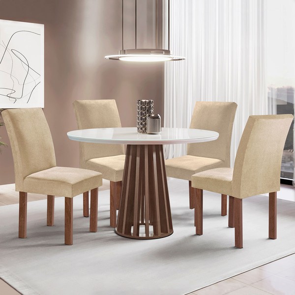 Mesa de Jantar 4 Lugares Kansas/Canela com Vidro Chocolate/Off White/Suede Cru 17992 - Cel Móveis
