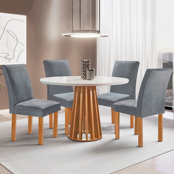 Mesa de Jantar 4 Lugares Kansas/Canela com Vidro Cinamomo/Off White/Suede Cinza 17992 - Cel Móveis