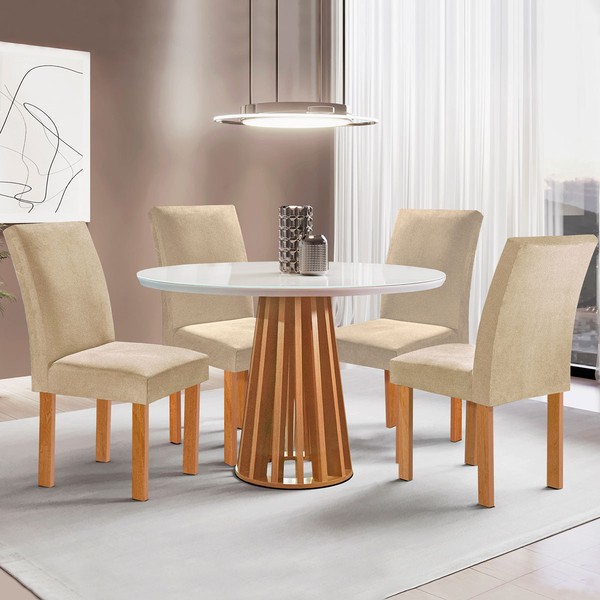 Mesa de Jantar 4 Lugares Kansas/Canela com Vidro Cinamomo/Off White/Suede Cru 17992 - Cel Móveis
