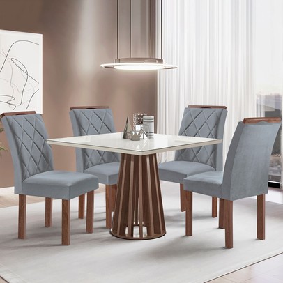 Mesa de Jantar 4 Lugares Kansas/Arthus com Vidro Chocolate/Off White/Suede Cinza - Cel Móveis