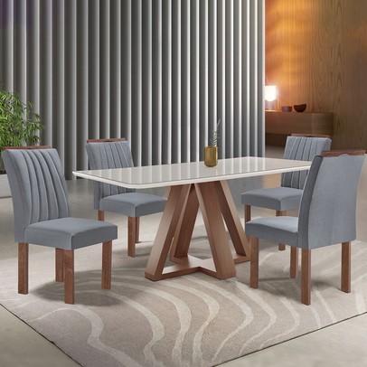 Mesa de Jantar 4 Lugares Kyra/Arizona com Vidro Chocolate/Off White/Suede Cinza - Cel Móveis