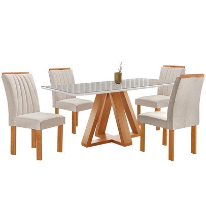 Mesa de Jantar 4 Lugares Kyra/Arizona com Vidro Cinamomo/Off White/Suede Bege - Cel Móveis