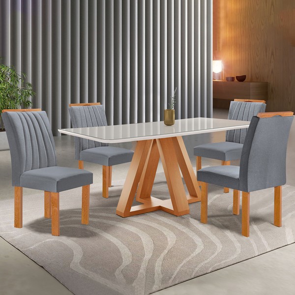 Mesa de Jantar 4 Lugares Kyra/Arizona com Vidro Cinamomo/Off White/Suede Cinza - Cel Móveis
