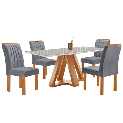 Mesa de Jantar 4 Lugares Kyra/Arizona com Vidro Cinamomo/Off White/Suede Cinza - Cel Móveis