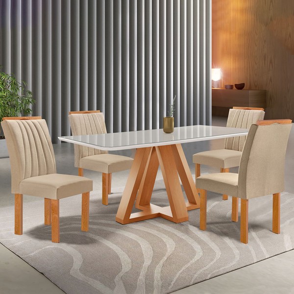Mesa de Jantar 4 Lugares Kyra/Arizona com Vidro Cinamomo/Off White/Suede Cru - Cel Móveis