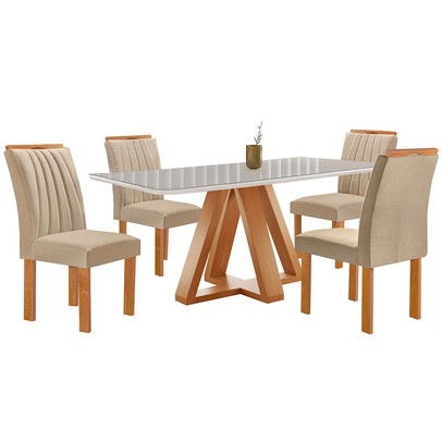 Mesa de Jantar 4 Lugares Kyra/Arizona com Vidro Cinamomo/Off White/Suede Cru - Cel Móveis