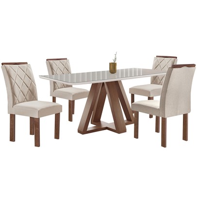 Mesa de Jantar 4 Lugares Kyra/Arthus com Vidro Chocolate/Off White/Suede Bege - Cel Móveis