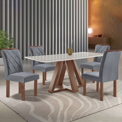 Mesa de Jantar 4 Lugares Kyra/Arthus com Vidro Chocolate/Off White/Suede Cinza - Cel Móveis