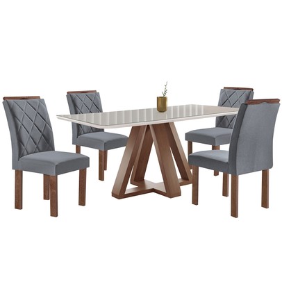 Mesa de Jantar 4 Lugares Kyra/Arthus com Vidro Chocolate/Off White/Suede Cinza - Cel Móveis