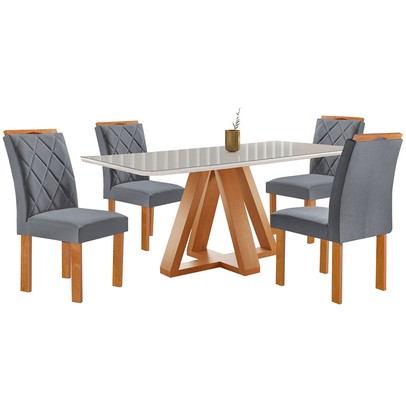 Mesa de Jantar 4 Lugares Kyra/Arthus com Vidro Cinamomo/Off White/Suede Cinza - Cel Móveis