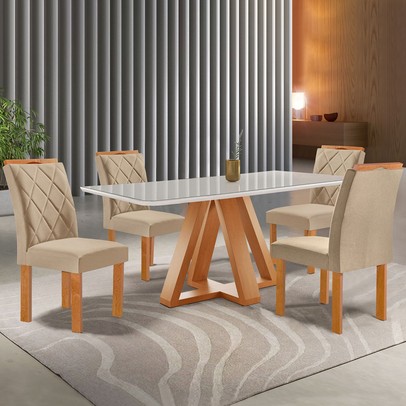 Mesa de Jantar 4 Lugares Kyra/Arthus com Vidro Cinamomo/Off White/Suede Cru - Cel Móveis