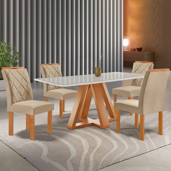 Mesa de Jantar 4 Lugares Kyra/Arthus com Vidro Cinamomo/Off White/Suede Cru - Cel Móveis