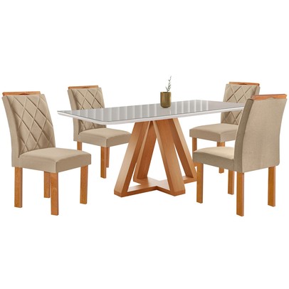 Mesa de Jantar 4 Lugares Kyra/Arthus com Vidro Cinamomo/Off White/Suede Cru - Cel Móveis
