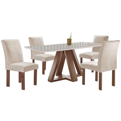 Mesa de Jantar 4 Lugares Kyra/Canela com Vidro Chocolate/Off White/Suede Bege - Cel Móveis
