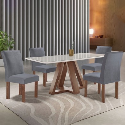 Mesa de Jantar 4 Lugares Kyra/Canela com Vidro Chocolate/Off White/Suede Cinza - Cel Móveis