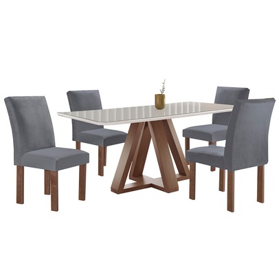 Mesa de Jantar 4 Lugares Kyra/Canela com Vidro Chocolate/Off White/Suede Cinza - Cel Móveis