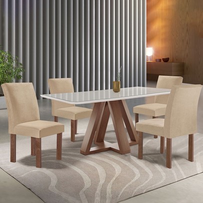 Mesa de Jantar 4 Lugares Kyra/Canela com Vidro Chocolate/Off White/Suede Cru - Cel Móveis